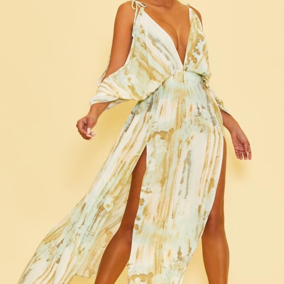 OPEN SLEEVE DEEP V HIGH SLIT MAXI PASTEL DRESS - Picture 1 of 5